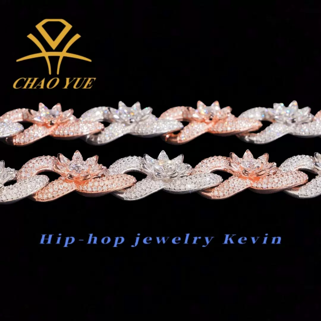 新15毫米双色花朵八字链925银vvs莫桑石嘻哈精品欧美男士冰镇珠宝