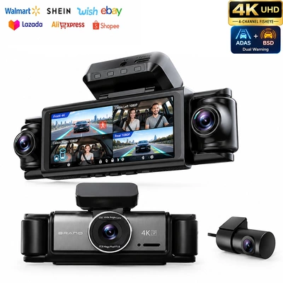 Cross-border 4K dashcam with 5G WiFi, 4-channel recording, front and interior cameras, fisheye wide-angle lens, and ADAS/ BSD driver assistance features
