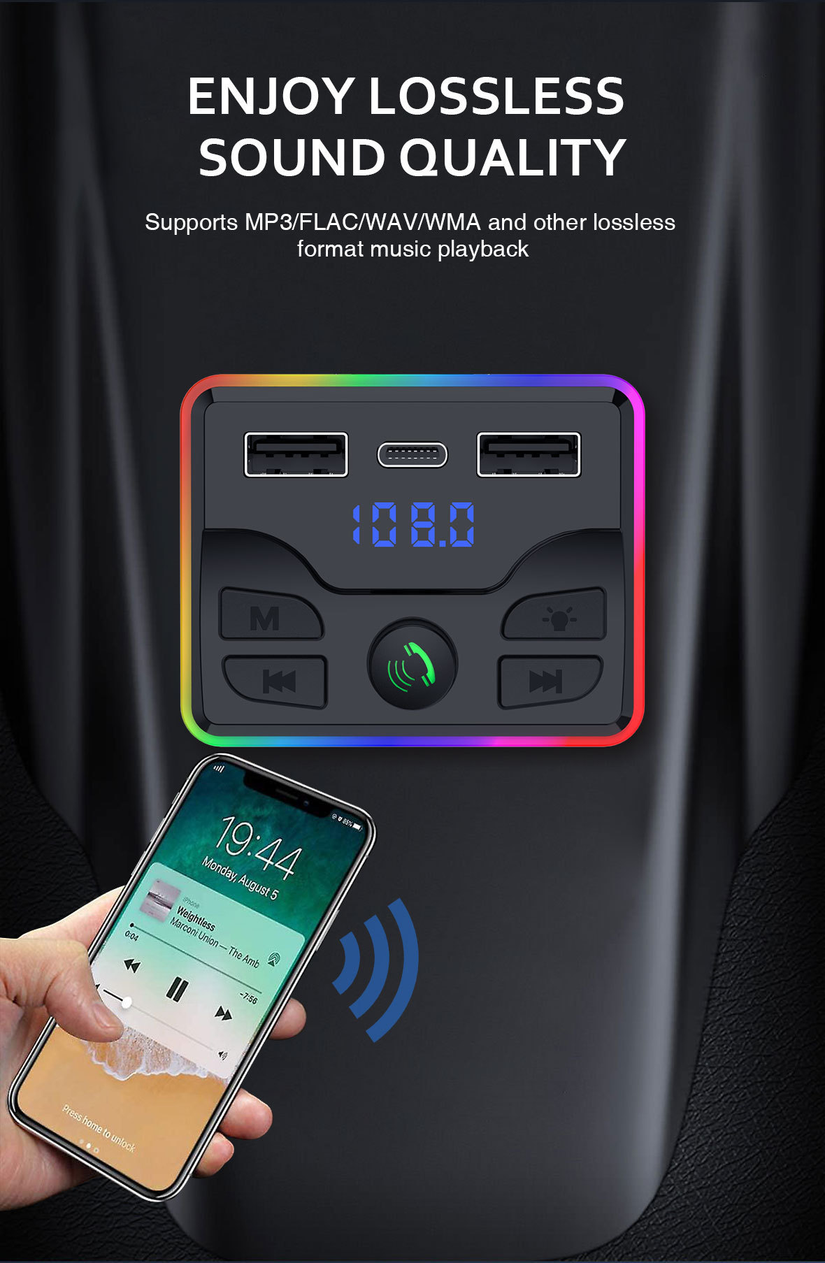 M51 car mp3 bluetooth player U disk music PD charger fast charge hands-free call receiver FM transmitter