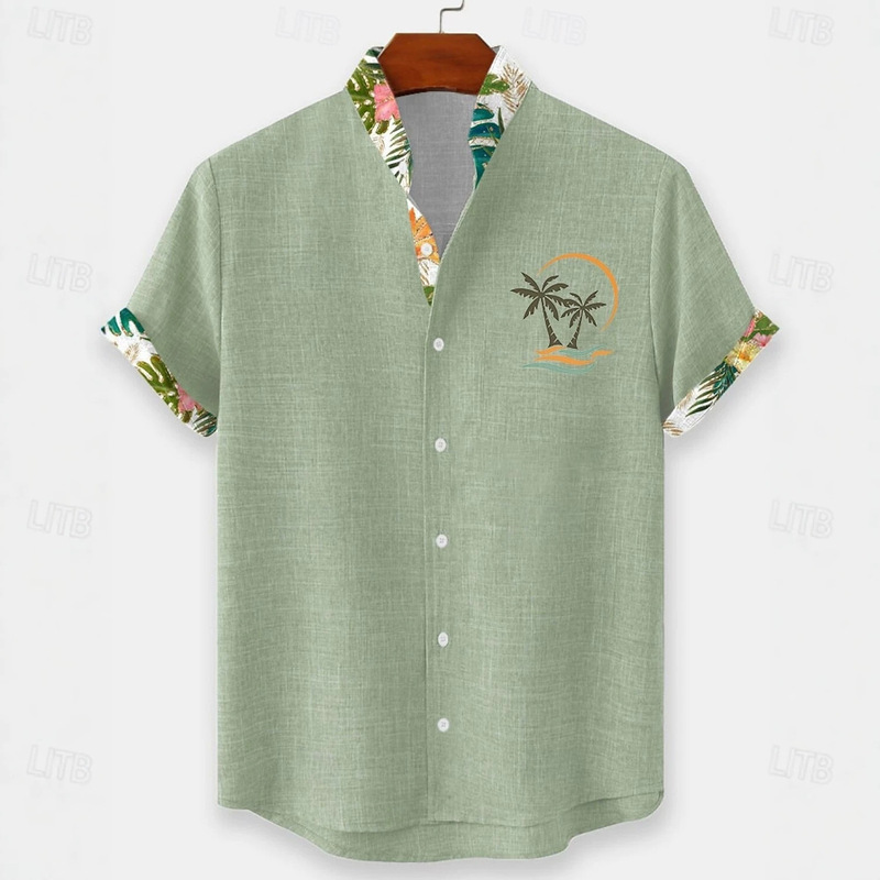 Resort-Style Men's Thin Shirt with Floral Cuffs and Coconut Tree Print, Breathable, Loose-Fitting, Versatile Casual Short-Sleeved Top Resort-Style Men's Thin Shirt with Floral Cuffs and Coconut Tree Print, Breathable, Loose-Fitting, Versatile Casual Short-Sleeved Top