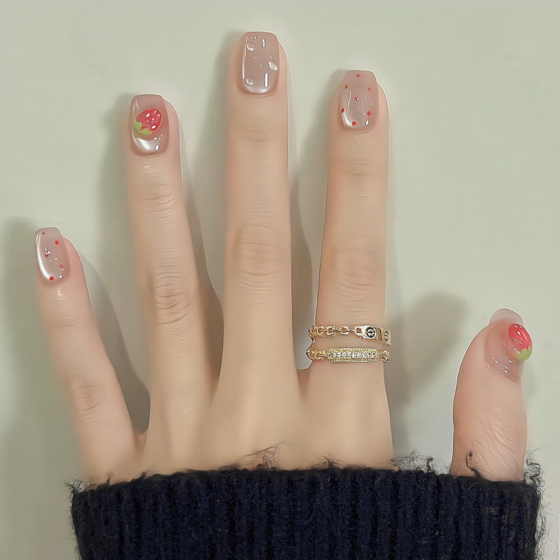 [Ling Luo Original] Strawberry Milkshake Handmade Manicure Girly Heart Exploding Glass Beads Cat Eye Short Nails Wholesale