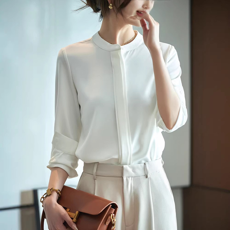 Long-Sleeved White Shirt for Women, 2026 Spring New Style, High-End Commuter Professional Stand-Up Collar Shirt, Elegant Chiffon Top
