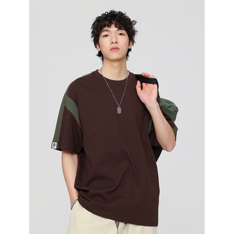 GTRG American casual loose heavy drop shoulder different color stitching trendy clip microphone simple round neck short sleeve t-shirt