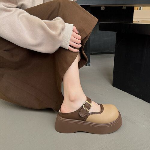 Mary Jane Internet celebrity fashionable half-drag slippers women's outer 2025 new spring thick sole height-increasing Baotou Birken Baotou shoes