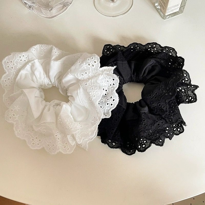 2024新款手作純棉蕾絲花邊發圈白色可愛發繩法式鏤空雙層大腸圈