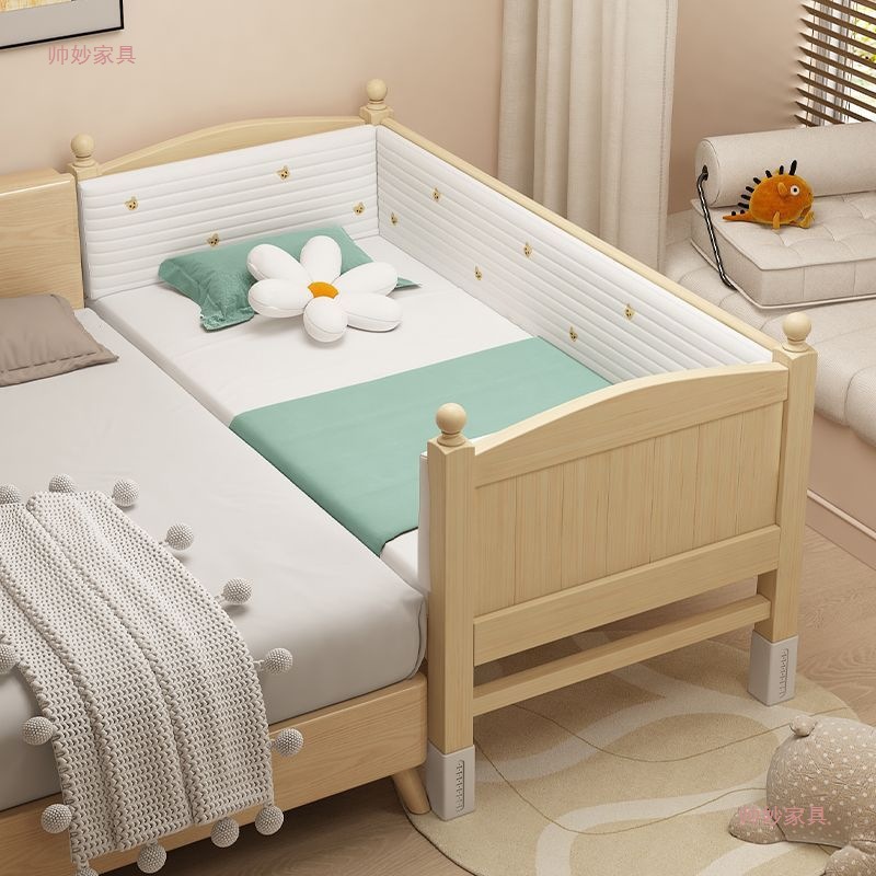 All Solid Wood Children's Spliced ​​Bed Crib with Wide Guardrail and Adjustable Height Bed for Boys and Girls
