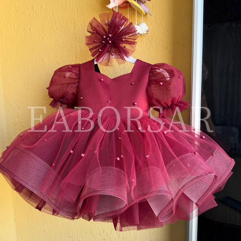 Puff Sleeve Princess Dress for Girls 2026 New Style Mesh Beaded Dress for Toddlers Christmas Baby One-Year-Old Dress