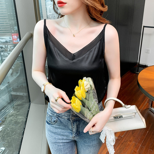 Ladies' silk satin strapless summer outerwear sexy sleeveless top, simple professional suit, inner base shirt, trendy