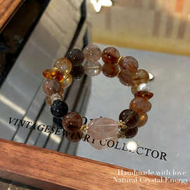 天然水晶手链黑金超七手链茶水晶粉水晶方糖手串批发时尚个性男女