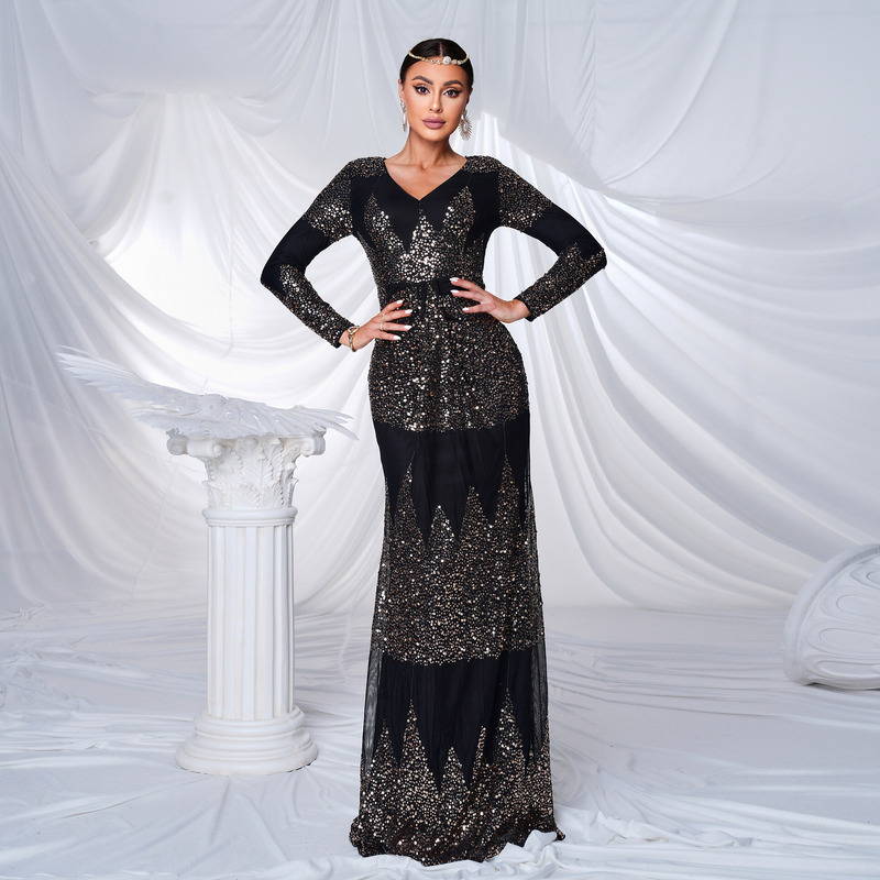 Cross-border European and American Long-sleeved Elegant V-neck Sexy Slim-fit Long Sequin Banquet Evening Dress Bridesmaid Dress dress Women