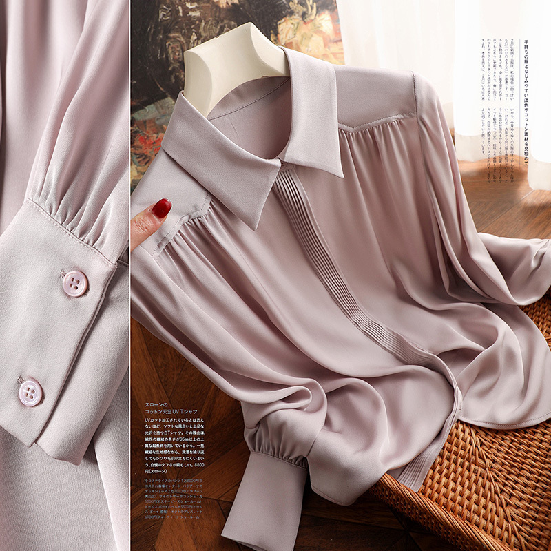 Luminous Detail Sense ~ Tucker Pleated Placket Clean ~ Silk Shirt Women's Long Sleeve Elegant Mulberry Silk Top