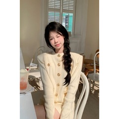 时尚新款温柔甜妹套装长袖圆领开衫女装秋季高腰显瘦半身裙两件套
