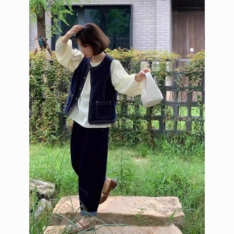日系复古牛仔马甲女春秋小个子短款叠穿衬衫小坎肩外搭上衣马夹|undefined
