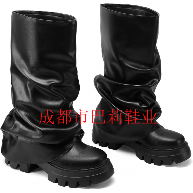 女式折叠靴休闲靴宽小腿褶皱防水台靴红色中高靴子厚实叠层靴大码|undefined