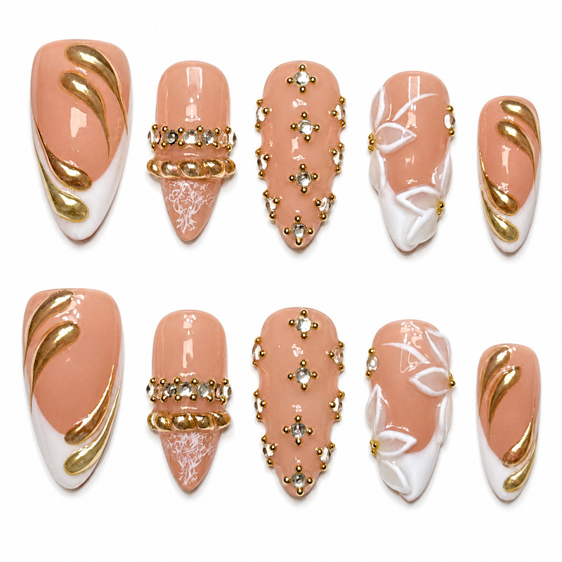 Nail tips in milky white, long pointed shape, with metallic water drop and rhinestone patterns, 10-piece set, custom wholesale, tool-free application Nail tips in milky white, long pointed shape, with metallic water drop and rhinestone patterns, 10-piece set, custom wholesale, tool-free application