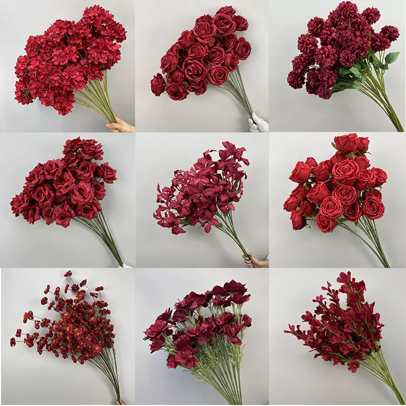 婚庆婚礼花艺红色花材背景装饰插花玫瑰尤加利仿真花室内客厅摆设