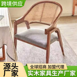 橡胶木仙君椅实木藤编餐椅高靠背家用餐厅复古扶手椅软包仙君椅