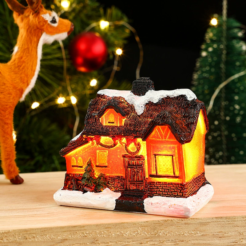 Miniature resin house decorations, micro landscape LED models, battery‑powered, assorted sizes 7–10 cm