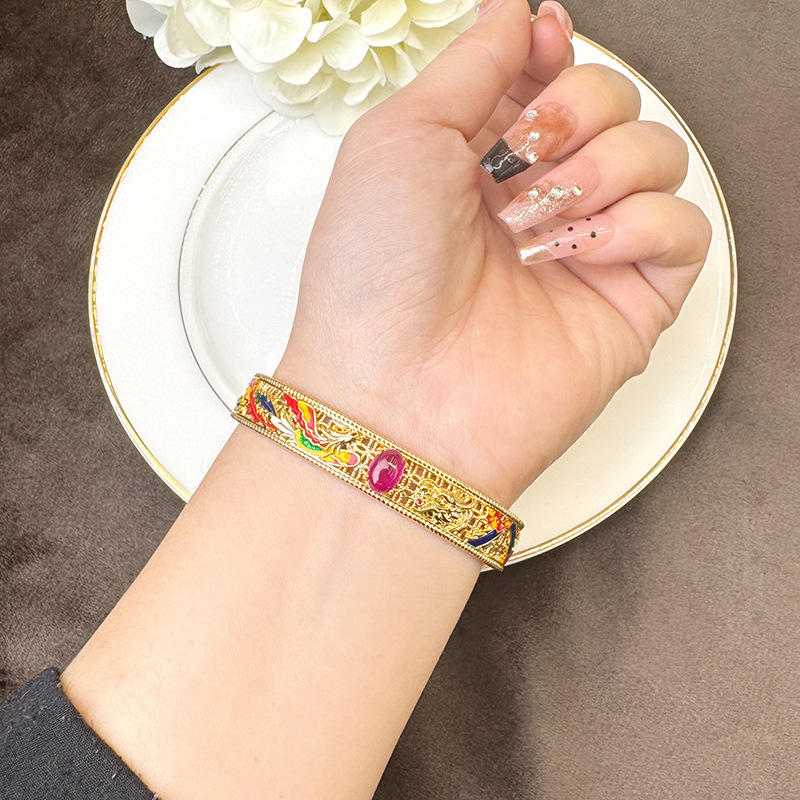 Gufasha oro galvanizado 18k pulsera de oro de la marea nacional micro incrustación goteo de aceite Phoenix abertura pulsera de joyas retro niños al por mayor