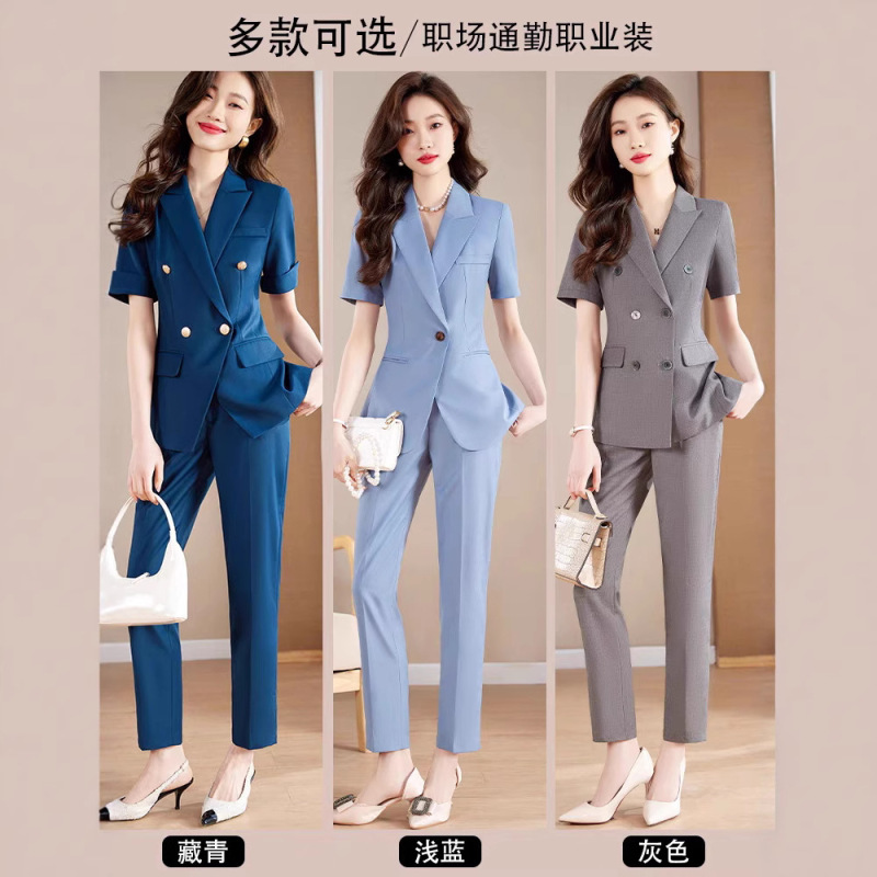 女性用半袖スーツ、夏用薄手通勤プロフェッショナルウェア、気質美容室作業服、おしゃれカジュアルスーツ|undefined
