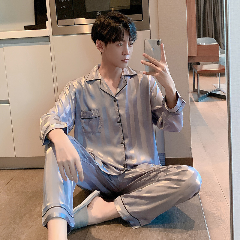 Pijamas de hombre primavera y otoño pantalones de manga larga de seda de hielo 2023 Nueva talla grande más tamaño ropa de hogar de seda real verano e invierno