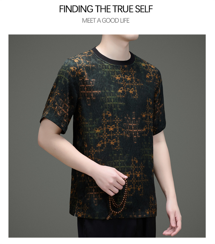 Áo thun nam tay ngắn cổ tròn lụa tơ tằm in họa tiết phong cách vintage — Xanh lá cây 82889 chi tiết 17
