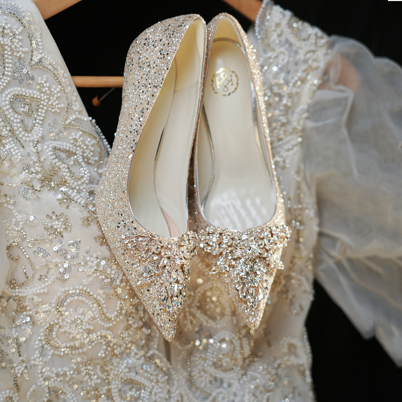 2026 New Model Gold Wedding Shoes for the Bride, Suitable for Both Wedding Dress and Traditional Chinese Dress, Crystal High Heels, Champagne Banquet Rhinestone Shoes