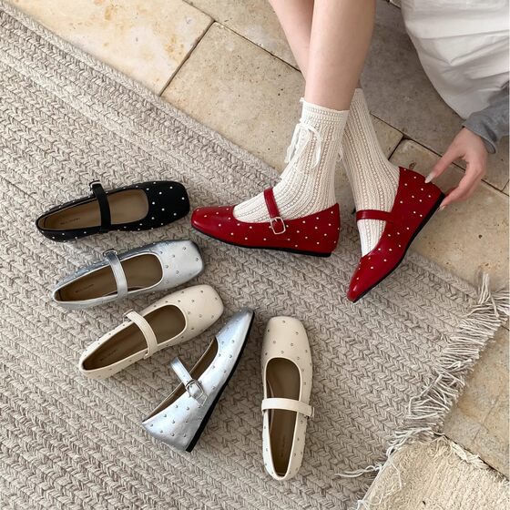 Inner Heightened Version ~ Retro Gimmel Rivet Ballet Shoes Women's Spring and Autumn Buckle Shallow Mouth Mary Jane Shoes