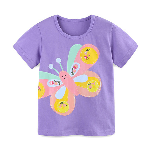 24 Summer Girls' T-shirt, European and American Style, Children's Butterfly-Print Sweatshirt, Knitted Cotton Crew Neck Pullover Top for Kids