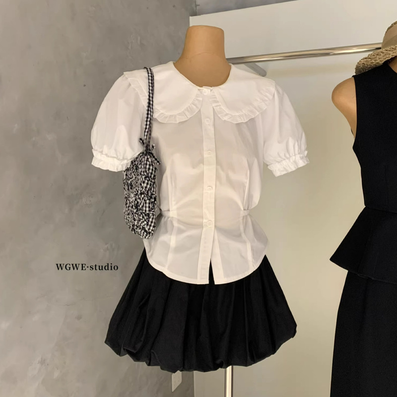 Wgwe8766 Spring and Summer French Sweet Style White Lace Doll Collar Short-Sleeved Shirt Women's Waist-Cinching College Style Top