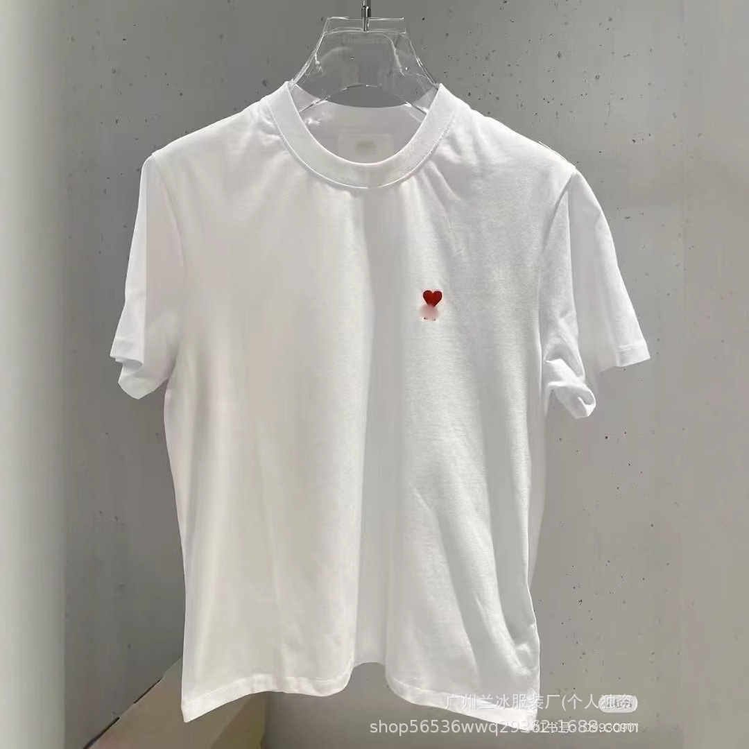 外贸潮牌艾米夏季百搭纯棉短袖tT恤爱心男女款刺绣圆领打底半袖衫