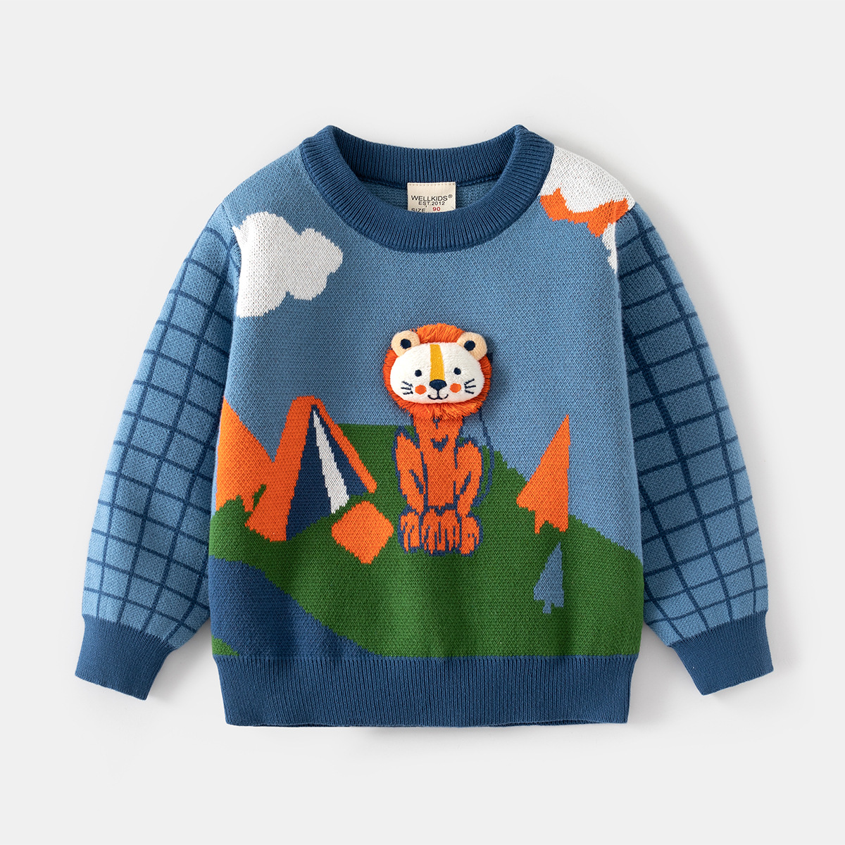 XUANMU Baby Boys Autumn Winter Pullover Sweater Kids Cartoon Lion Jacquard Round Neck Plaid Long Sleeve Knitted Sweaters Tops XB113_voghion.com