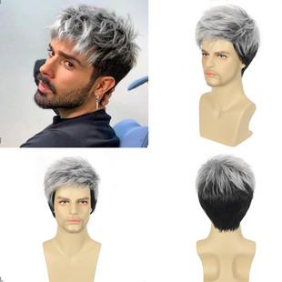 Foreign Trade Men's Wig Gray Black Fluffy Short Straight Hair European and American Handsome Men's Hair Simulation Chemical Fiber Hair Rose Mesh Headgear