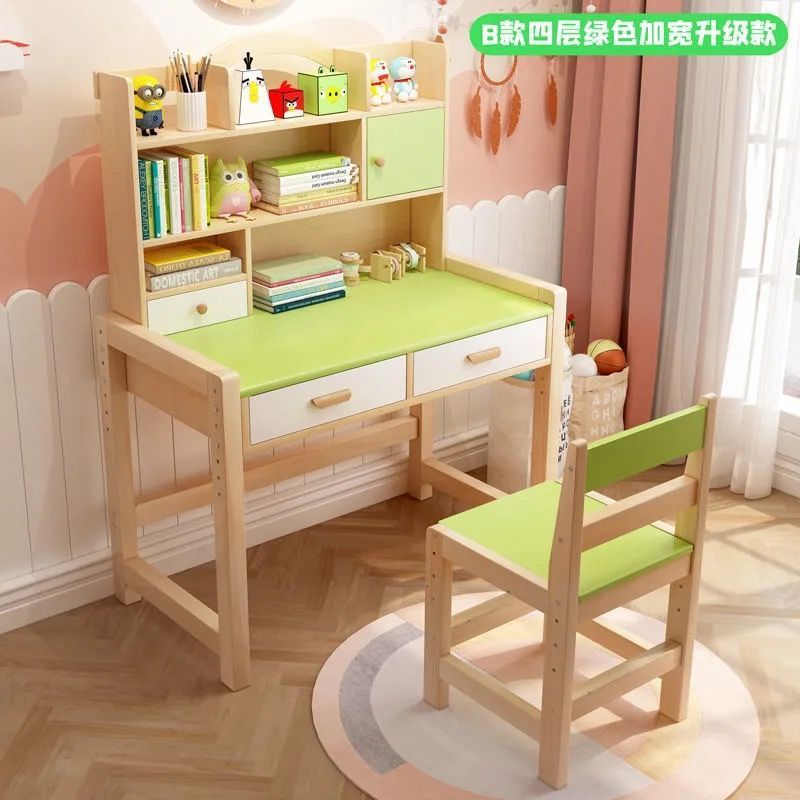 Children's Solid Wood Study Table, Primary School Students' Home Writing Desk and Chair Set, Kids' Homework Desk and Bookshelf Combination Single Table