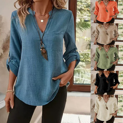 2025 秋冬新ヨーロッパとアメリカの独立したステーション AliExpress Amazon 女性のボタン V ネックポケット Tシャツトップス女性