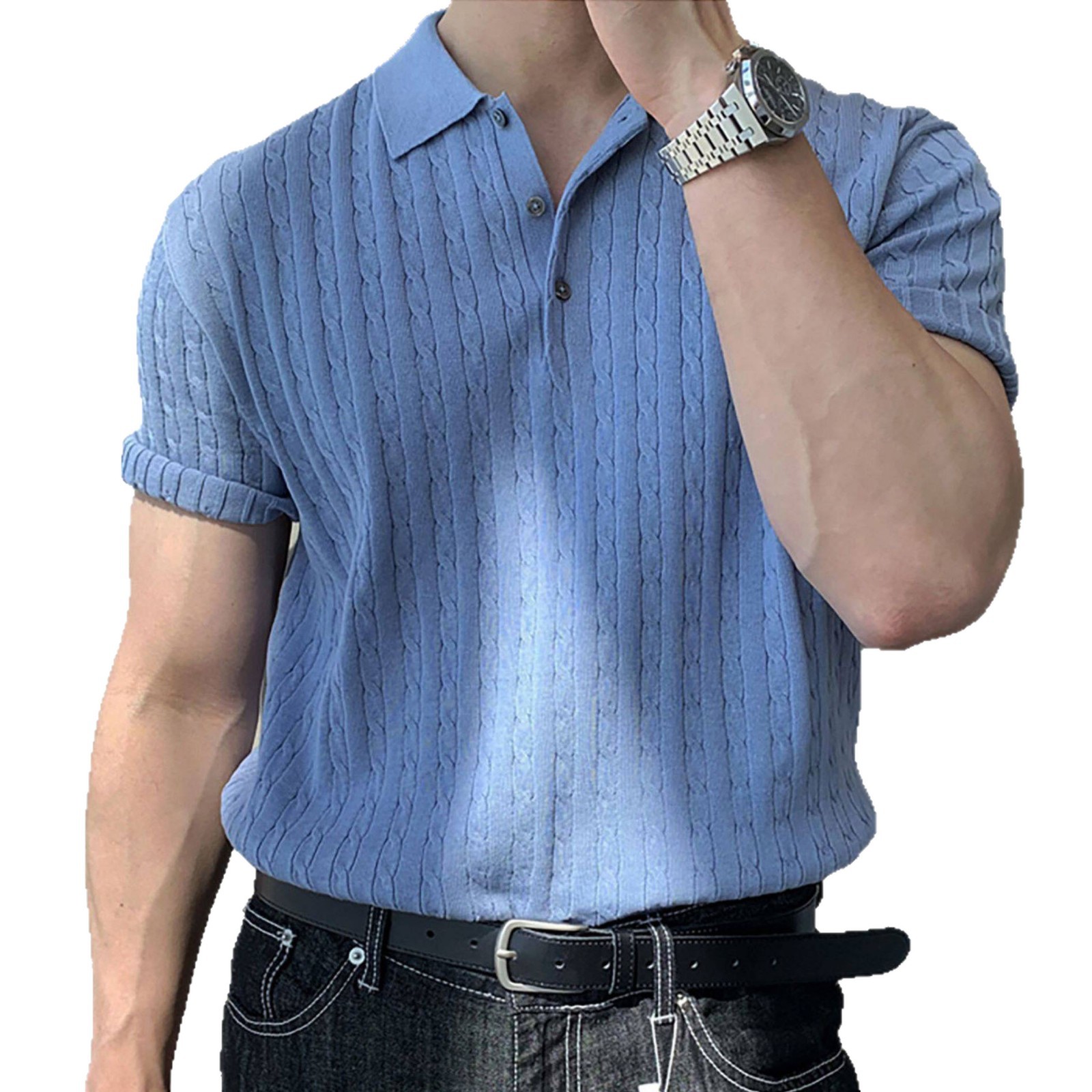 Polo camiseta de punto camiseta de manga corta camiseta de hombre solapa texturas de torsión viejos viento de hielo de verano fábrica transfronteriza al por mayor