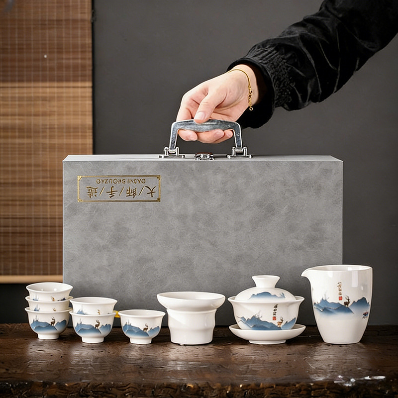 Dehua white porcelain kung fu tea set suit sheep fat jade porcelain high-end gift cover Bowl Tea Cup household business festival gift