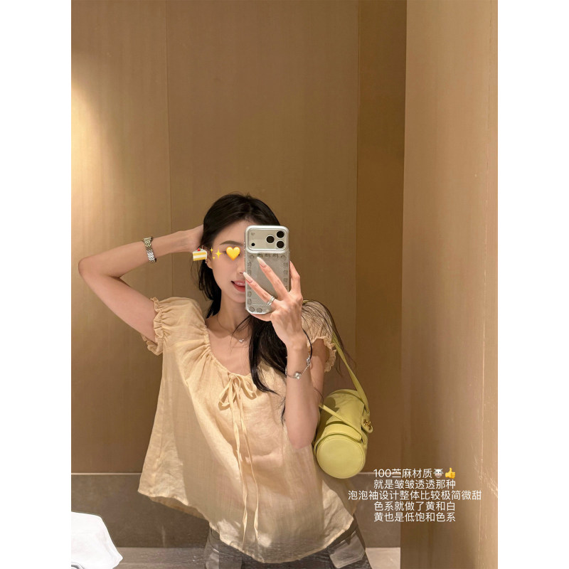 5351 # Superniniyy Yellow Peach Jasmine Ramie Sweet Puff Sleeve Round Neck Tie-Up Sheer Top 5351 # Superniniyy Yellow Peach Jasmine Ramie Sweet Puff Sleeve Round Neck Tie-Up Sheer Top
