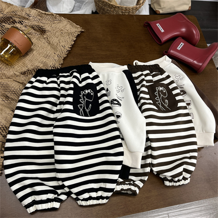 Baby children's striped casual sweatpants, boys' autumn clothing, cartoon pants, Korean version, girls' loose pants_voghion.com