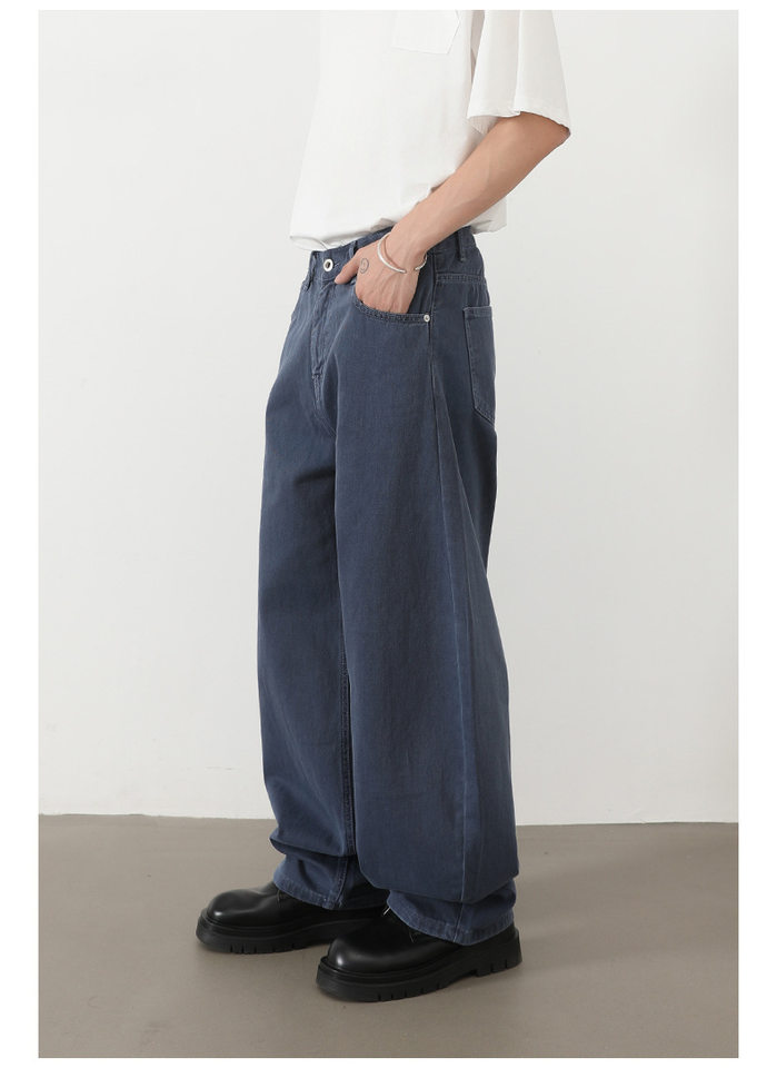 Quần jean nam ống rộng dáng suông cạp vừa phong cách đường phố — Denim đen, Làm cũ, Màu trắng, Màu xanh lam chi tiết 31