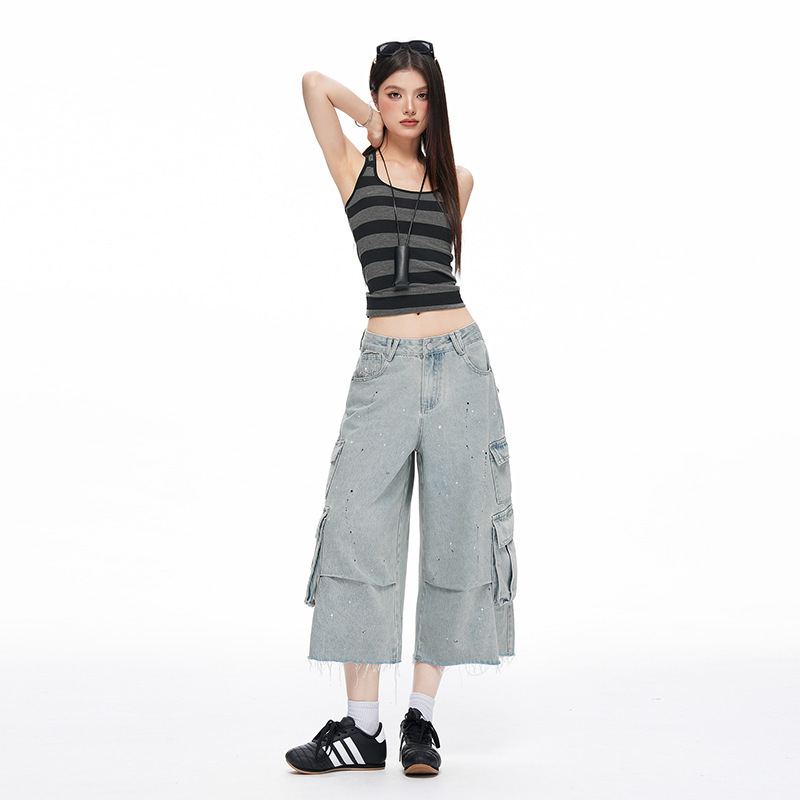 Ink-Printed Cropped Denim Summer Workwear Wide-Leg Pants with 3D Pockets and Ink Dots Casual Jeans Ink-Printed Cropped Denim Summer Workwear Wide-Leg Pants with 3D Pockets and Ink Dots Casual Jeans