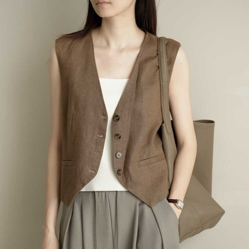 Spring and Autumn Japanese-Style Niche Retro Coffee Brown Sleeveless Linen Vest for Women, Breathable with Lining, Old Money Style Waistcoat Top