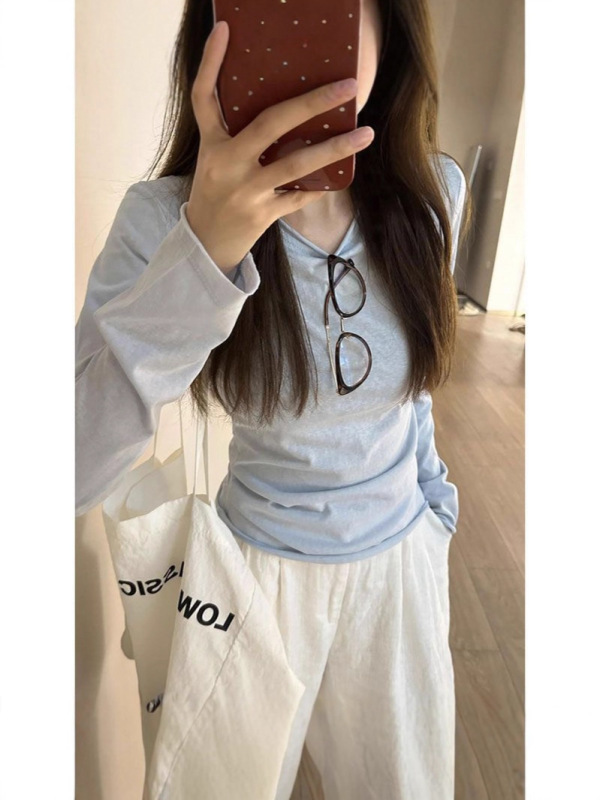 浅蓝色卷边长袖T恤女2025秋季防晒罩衫春秋韩系百搭薄款打底上衣|undefined