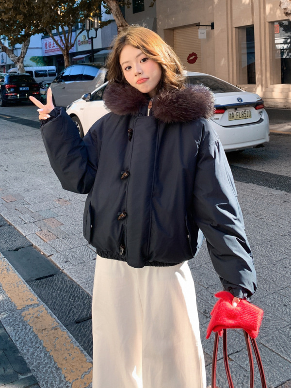 外贸美式复古大毛领连帽棉服女冬季外套2025年新款牛角扣加厚棉衣|undefined