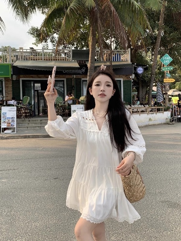 法式白色泡泡袖衬衫连衣裙女新款春夏小个子长袖云南旅游穿搭|undefined