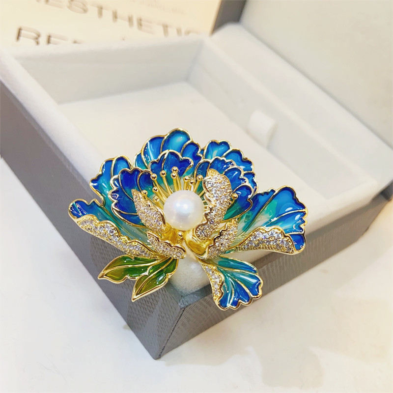 Classical Enamel Peony Flower Brooch Natural Freshwater Pearl Exquisite High-grade Chinese Style Cheongsam Hanfu Accessories Pin