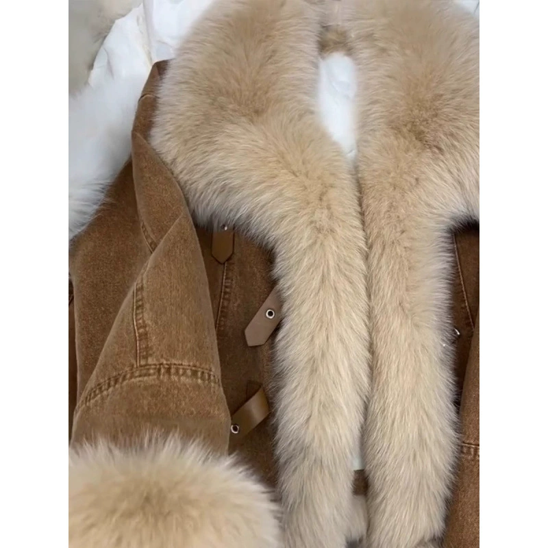 Женская джинсовая пуховая куртка в стиле Chanel, с бархатной утяжкой, светло-коричневая, осень-зима