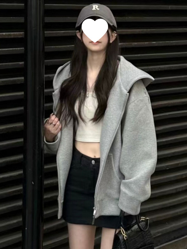 连帽卫衣女秋冬oversize加绒加厚拉链开衫外套宽松慵懒chic风上衣|undefined