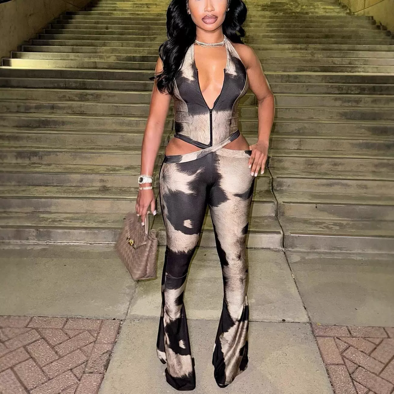 M80915跨境欧美女装新款印花连体性感挂脖系带修身连体裤