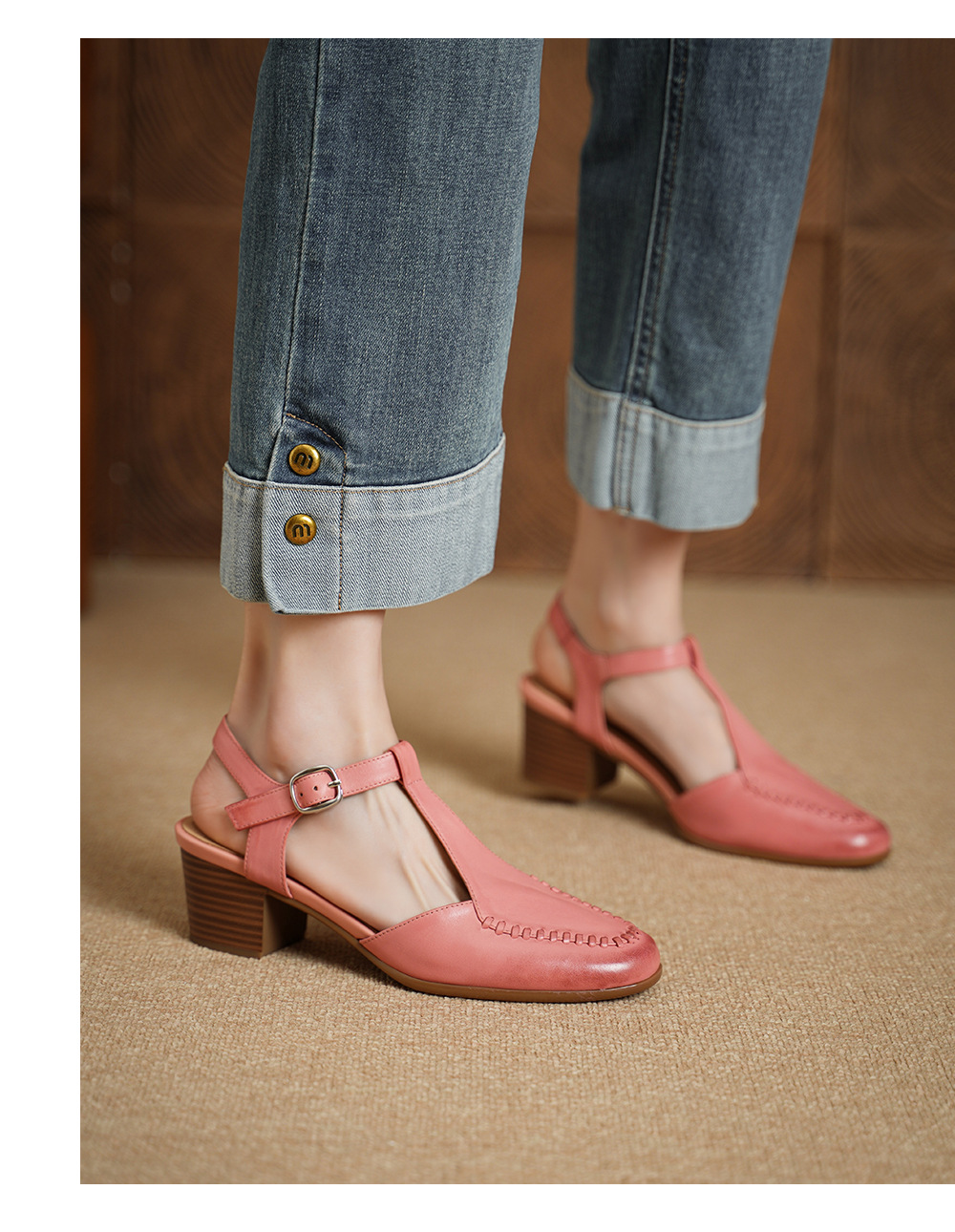 Sandal nữ mũi nhọn quai chữ T da bò gót 5 cm phong cách vintage — Màu hồng chi tiết 7